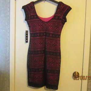 Snap Black and Hot Pink Sheer Underlay Black Knit Overlay Dress